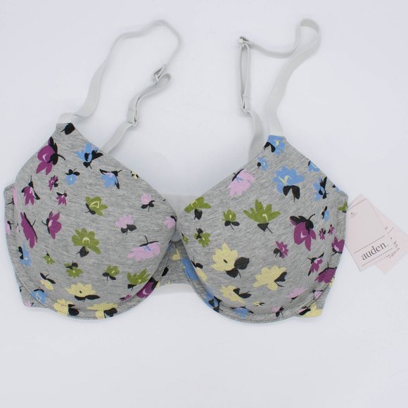 Auden Floral Print Gray Everyday Cotton Demi Lightly Lined T-Shirt Bra - Picture 1 of 10